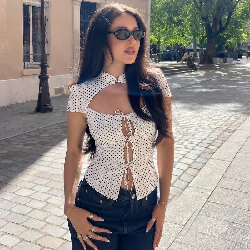European and American women's clothing new fashion temperament polka dot printed cardigan strap short-sleeved T-shirt top