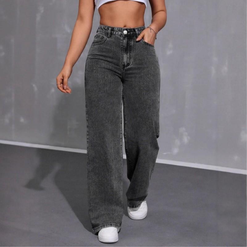 

Women s Clothing Smoke Gray Washed Wide-leg Elastic Mid-waist Trend Casual Jeans L