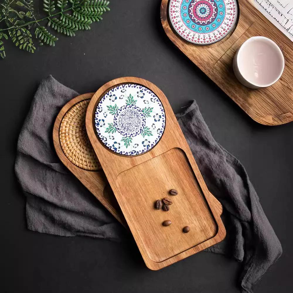 Japanese Wooden Tray with Ceramic Coaster for Cups Plates Retro Bread Dessert Breakfast Display