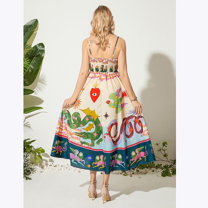 Sommer Damen Vintage Print Laufsteg Sonnenkleider Spaghetti Träger Lang Maxi Urlaub Strandkleid