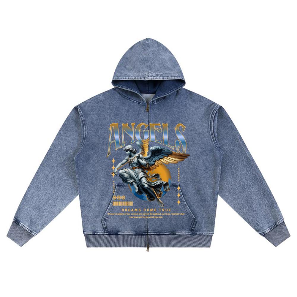 DTG Print Knitted Denim Zip-Up Hoodie Streatwear Brother Print Zipper Hoodies  