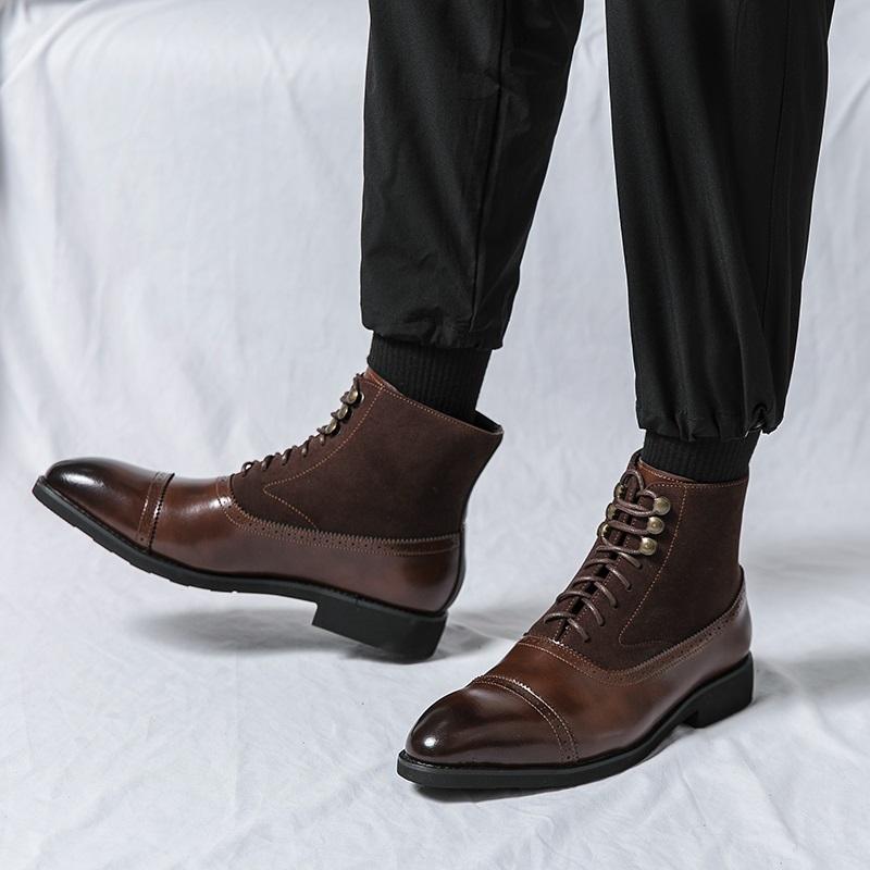 New Brand Designer Winter High Tops Pointed Patent Leather Brogues Ankle Boots For Men's Flats Black Brown Oxford Shoes