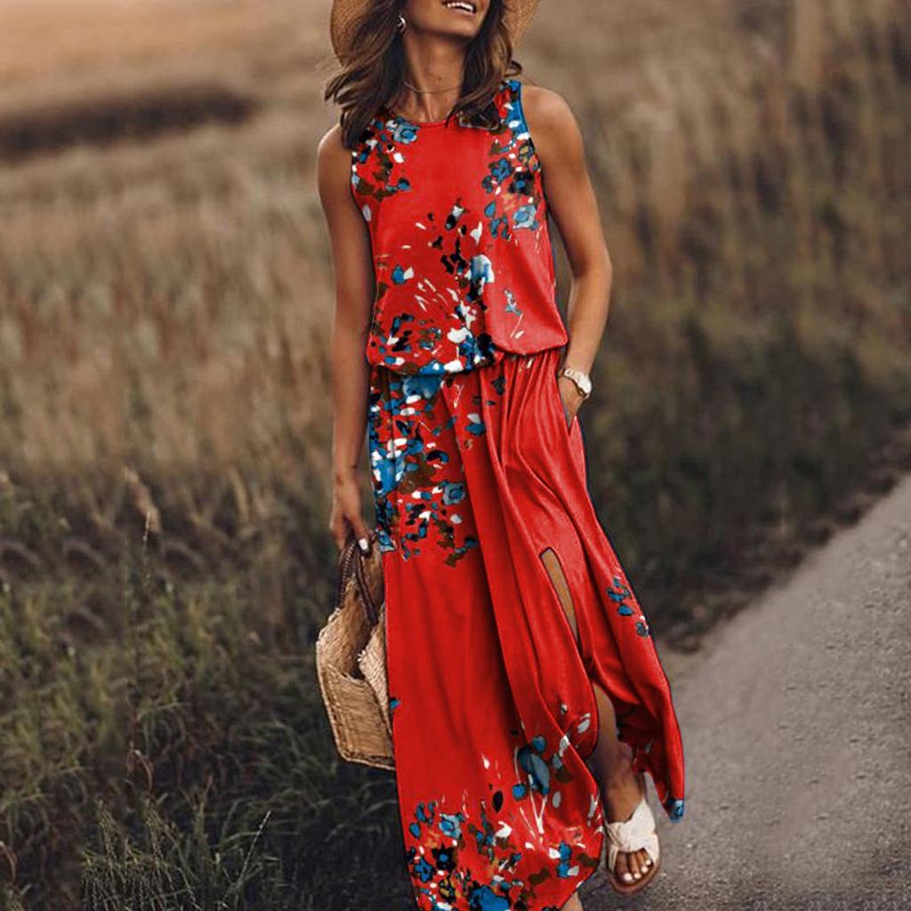 Women's Dress With Elastic Waistband Stitching Printed Split Sexy Dress