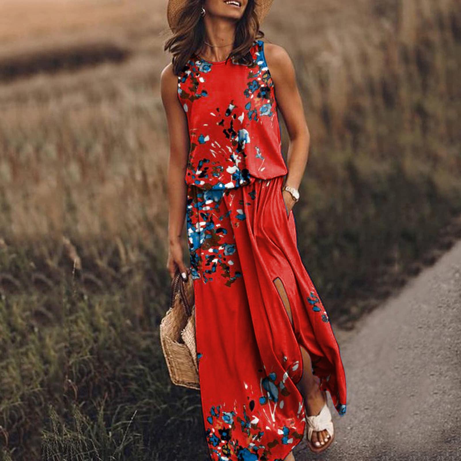 Women s Dress With Elastic Waistband Stitching Printed Split Sexy Dress L красный