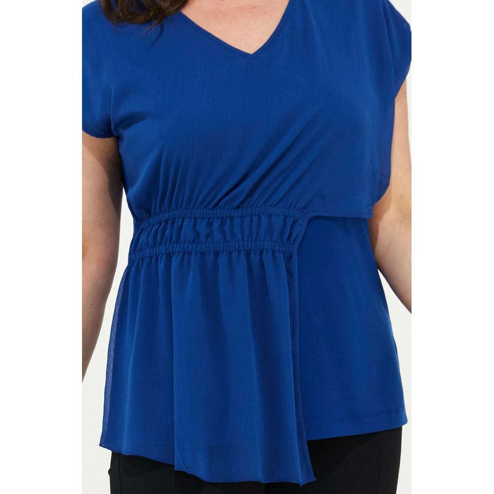 Fierte Damska bluzka w dużym rozmiarze Lm83350 Dekolt w kształcie litery V, niski rękaw, szyfon, detale, piaskowa tkanina