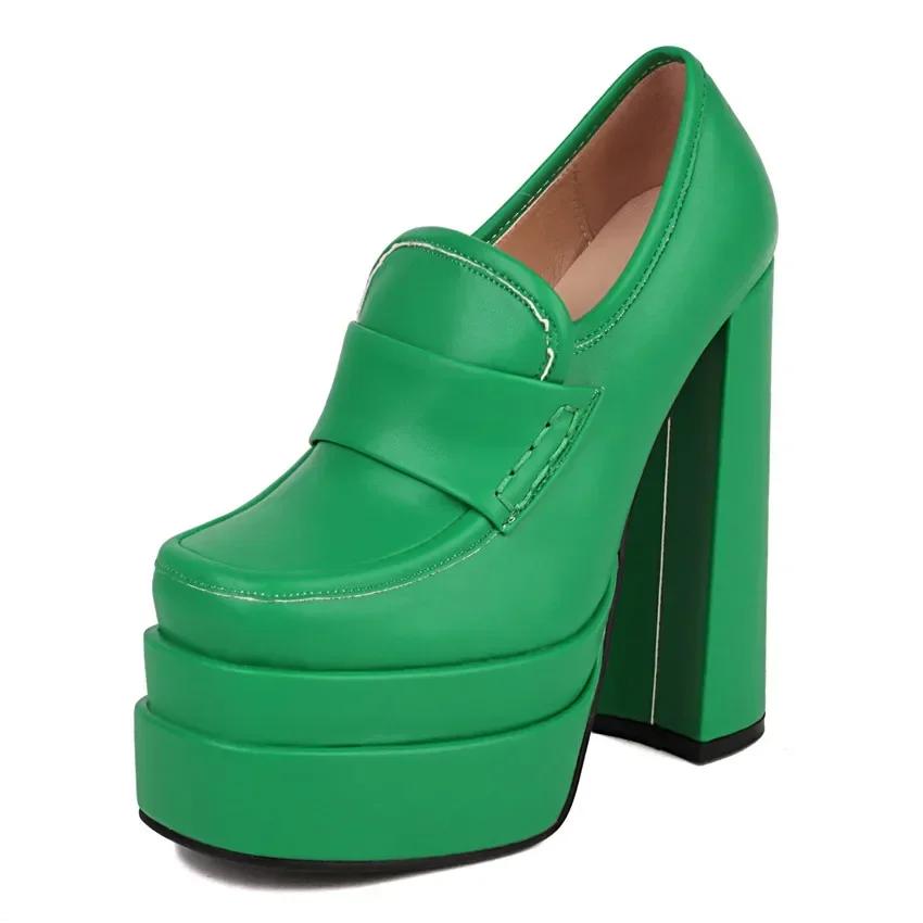 

Women High Chunky Heel Platform Loafers Rosy Pink White Microfiber Party Club Lady Slip-on Square Toe British Thick Bottom Pumps 43 зелёный