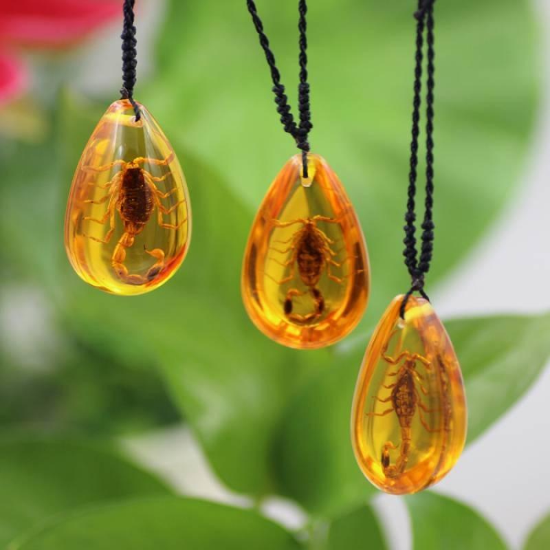 Creative Amber Scorpion Necklace Natural Insect Specimen Resin Droplet Shaped Pendant Sweater Chain Jewelry Pendant Jewelry Gift