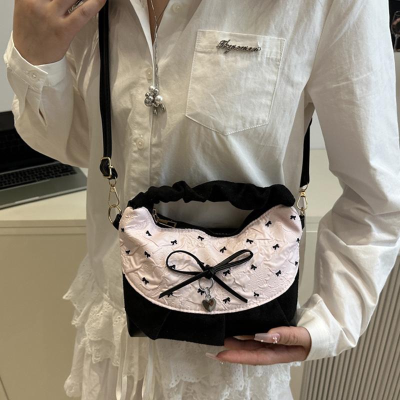 New Lace Plaid Patchwork Handbag French Bow Underarm Bag Small Versatile Cute Sweet Canvas Shoulder Bag Fashion Crossbody Bag