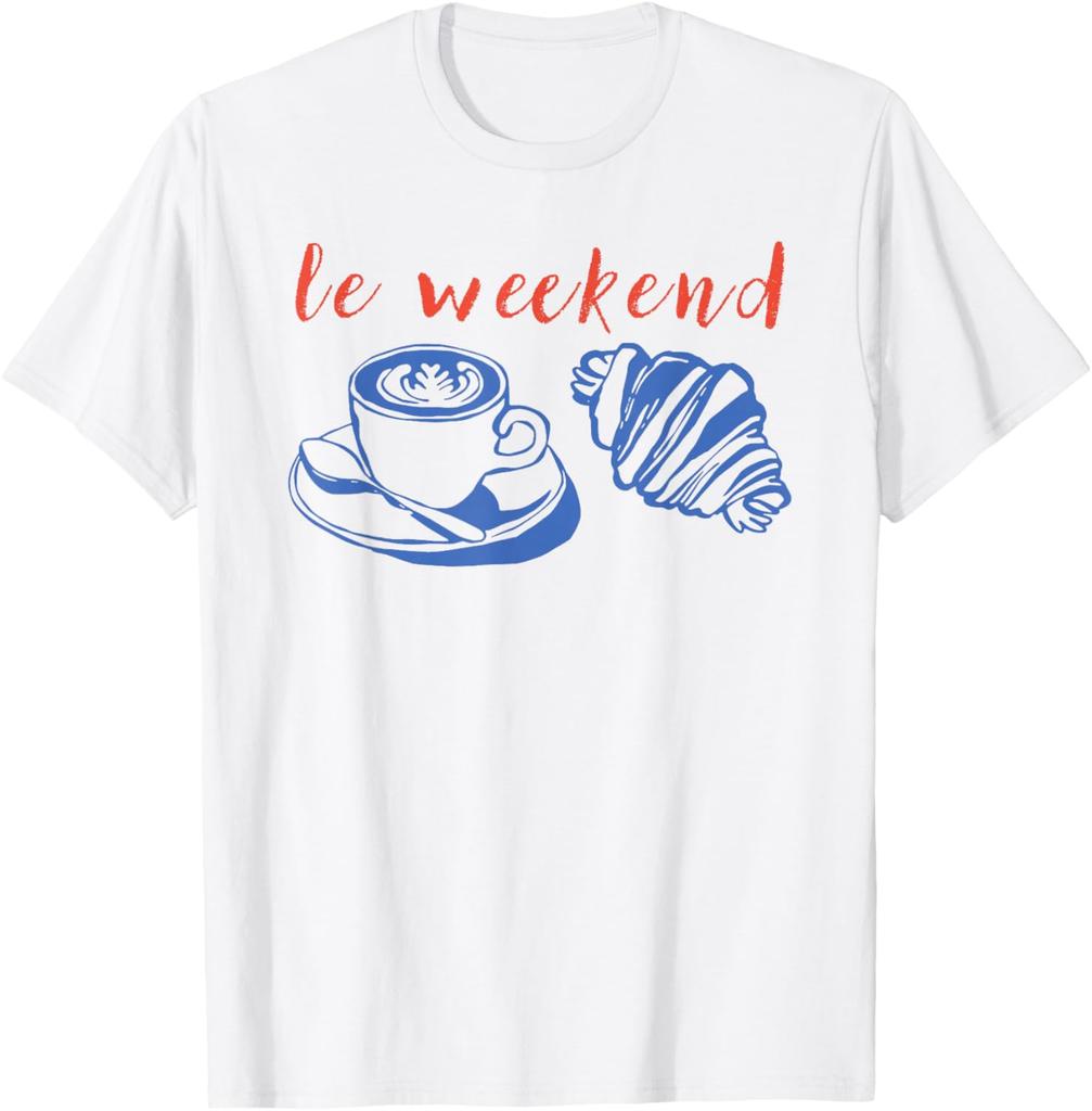 Le Weekend Coffee Croissant Graphic Tee Relaxing Casual Short Sleeve TShirt