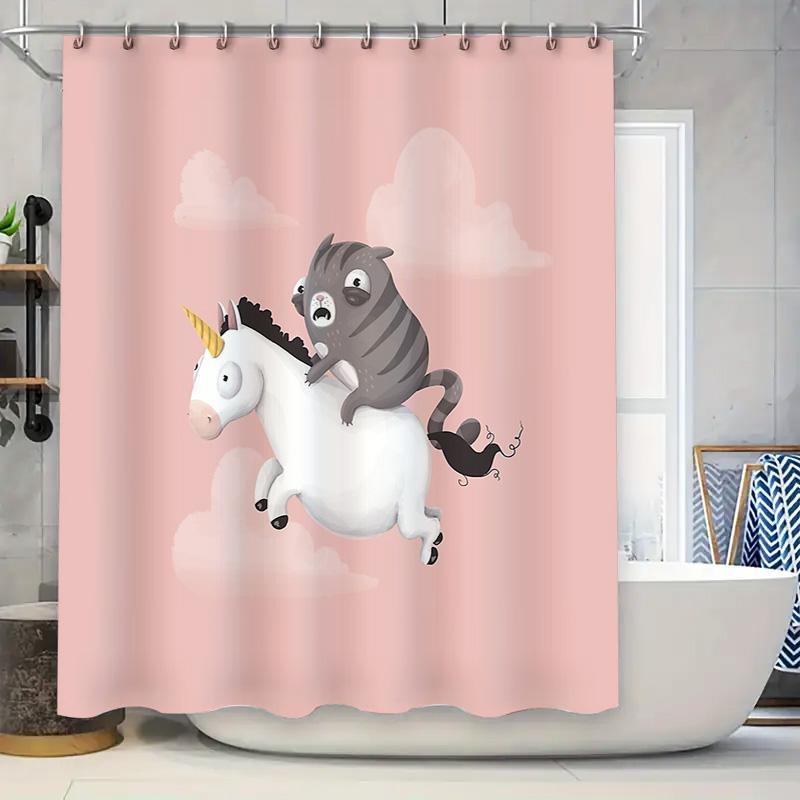 

Cute Cat Riding Horse Shower Curtain Farmhouse Animal Pattern Bathroom Decor Washable Waterproof Home Decor Artistic Wall Hangin W60H190(CM)-1 Pcs