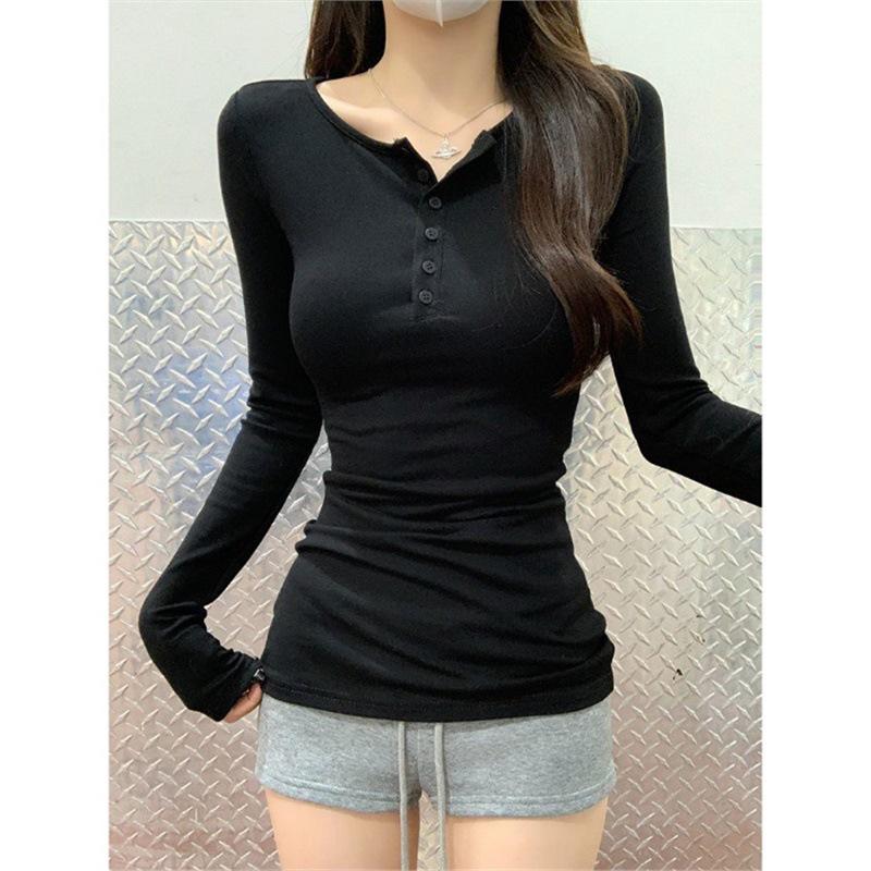 

Облегающая серая футболка с длинным рукавом и пуговицами для женщин - Простой базовый слой для ранней осени S