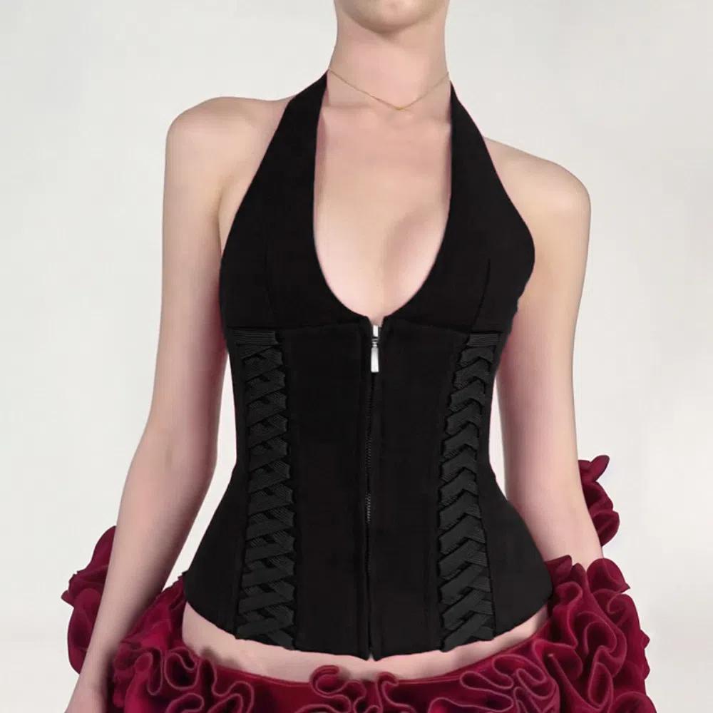 Deep V Neck Sleeveless Crop Top Tie Up Waist Strap Women Camisole Halter Vest Top Female