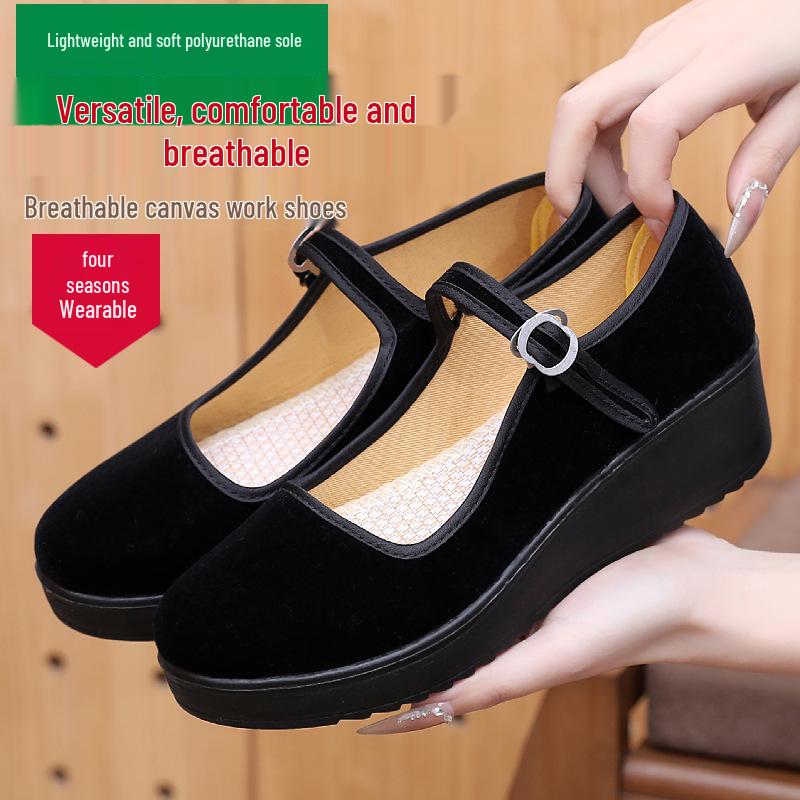 Polyurethane Sole Women's Black Cloth Shoes - Flat and Wedge Heel with One Strap for Work or Dance