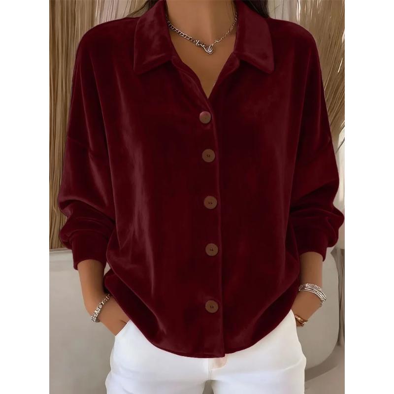 Women's Velvet Shirt - Casual Long Sleeve Collared Cardigan, Retro Velvet Blouse