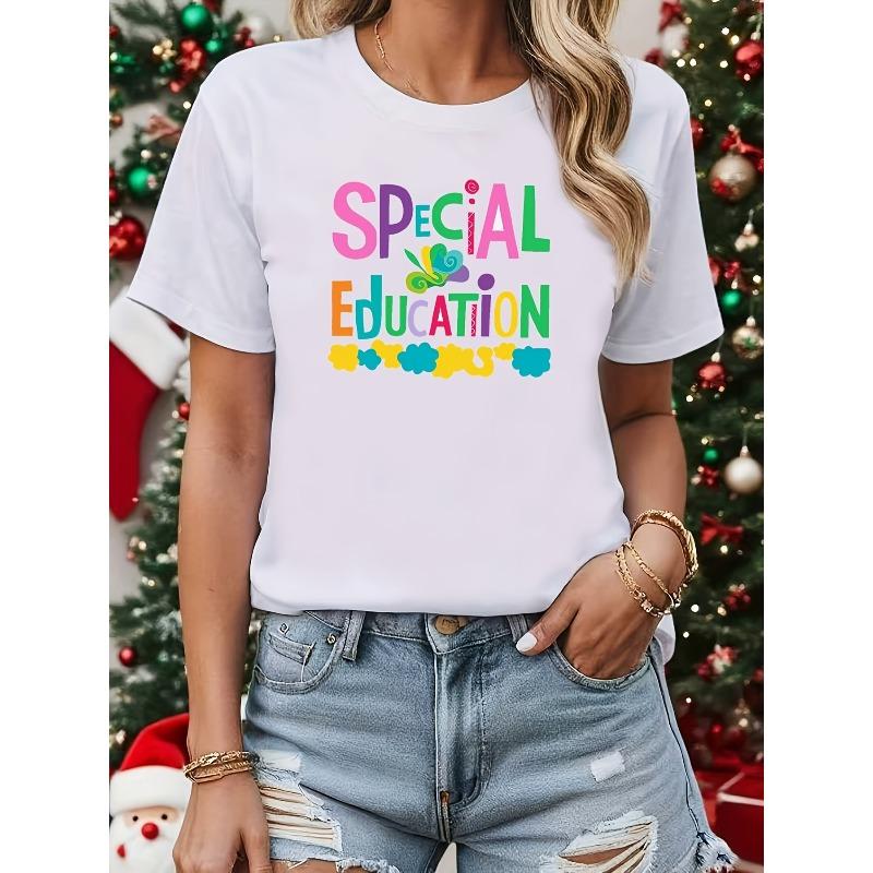 

Women S T-Shirt, Conveying The Warmth of Special Education, SPECIAL Education Colorful Cursive Letters and Butterfly Element Pattern Printing, 4XL білий