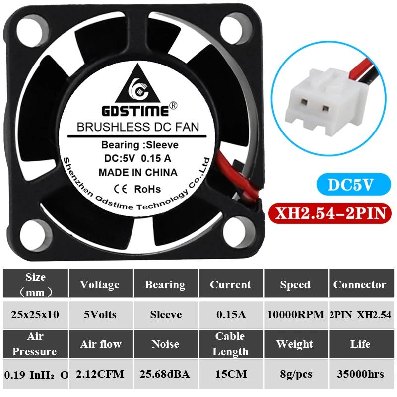 2pcs Gdstime 3D Printer cooler Axial 25mm fan DC 5V 12V 24V 25x25x10mm Dual Ball/Sleeve 2.5mm Graphics Card mini cooling fan 5VS2P2.54