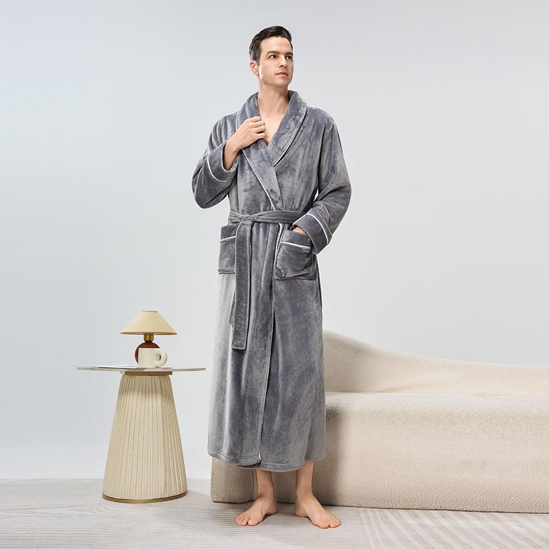Unisex Flanel Bornoz Erkek Kadın Kalın Sıcak Pijama Bornozu Kışlık Ev Kullanımı