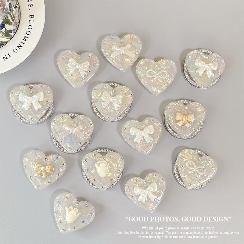Iridescent Heart Rhinestone Phone Holder: Shell Pattern Magnetic Airbag Support Ring