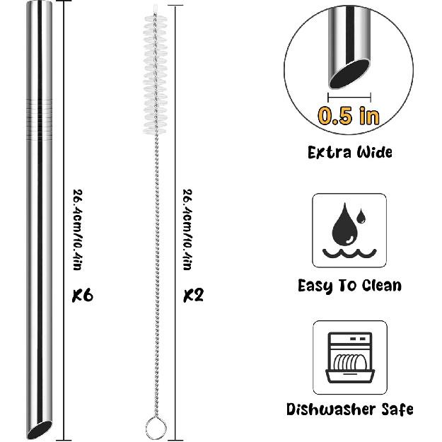 NiHome 6-Pack Stainless Steel Straws for Boba Smoothie, 0.5'' Extra Wide Reble Metal Straw, 10.5’’ Long Straight Drinking Straws for Bubble Tea