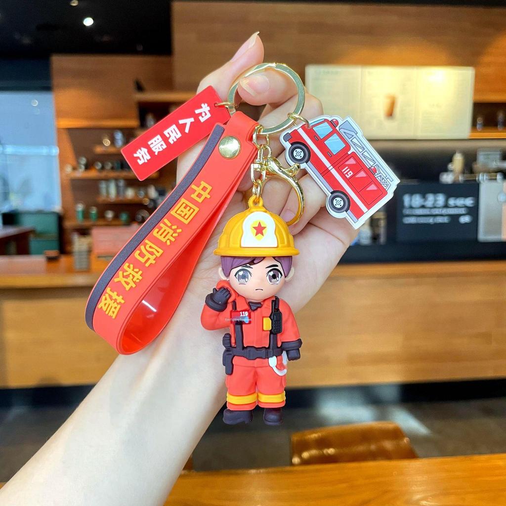 Cartoon Firefighter & Truck Keychain Pendant - Fun Souvenir & Small Gift