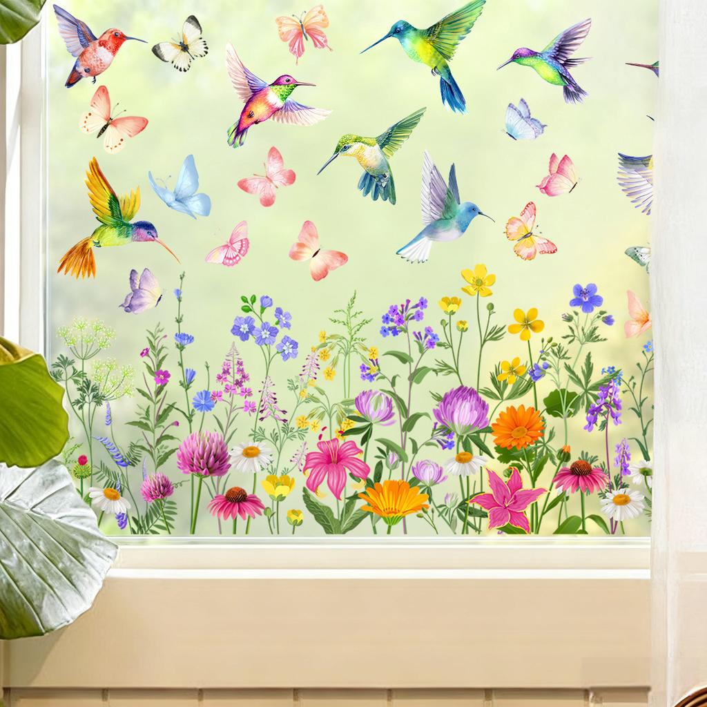 Jarní samolepky na okna Statické samolepky Ptáci na větvích s květinami a motýly pro skleněné dveře Domácí dekorace