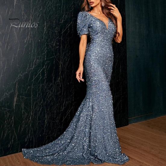 Women Evening Dress Shimmering Sequin Short Bubble Sleeves V Neck Slim Fit Floor Length Big Bow At Back Mid Waist Cocktail Party Wedding Banquet Maxi