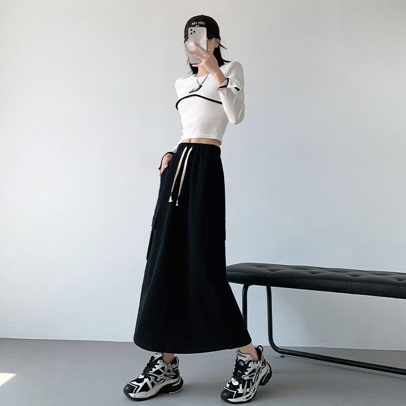 Spring and Autumn Drawstring Culottes High Waist and Thin Versatile Hip-wrapped Split Skirt Loose Skirt