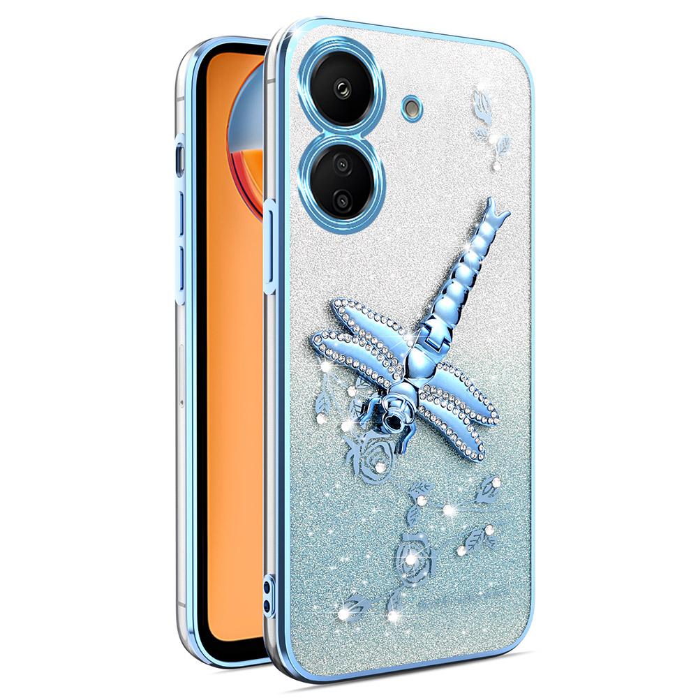 Pro Xiaomi Redmi 13C 4G/Poco C65 4G Pouzdro Vážka Stojánek TPU Květiny Třpytivý Kryt na Telefon