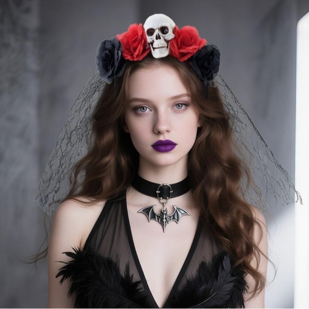 Lace Rose Skull Hair Band Black Cosplay Headdress Funny Halloween Headband  Prop