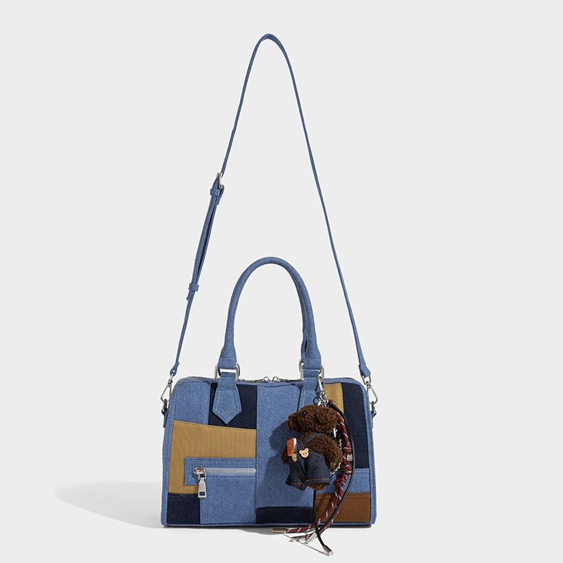 2025 New Trendy Korean Style Boston Bag for Women Fashion Denim Color Block Single Shoulder Crossbody Commuter Tote Bag