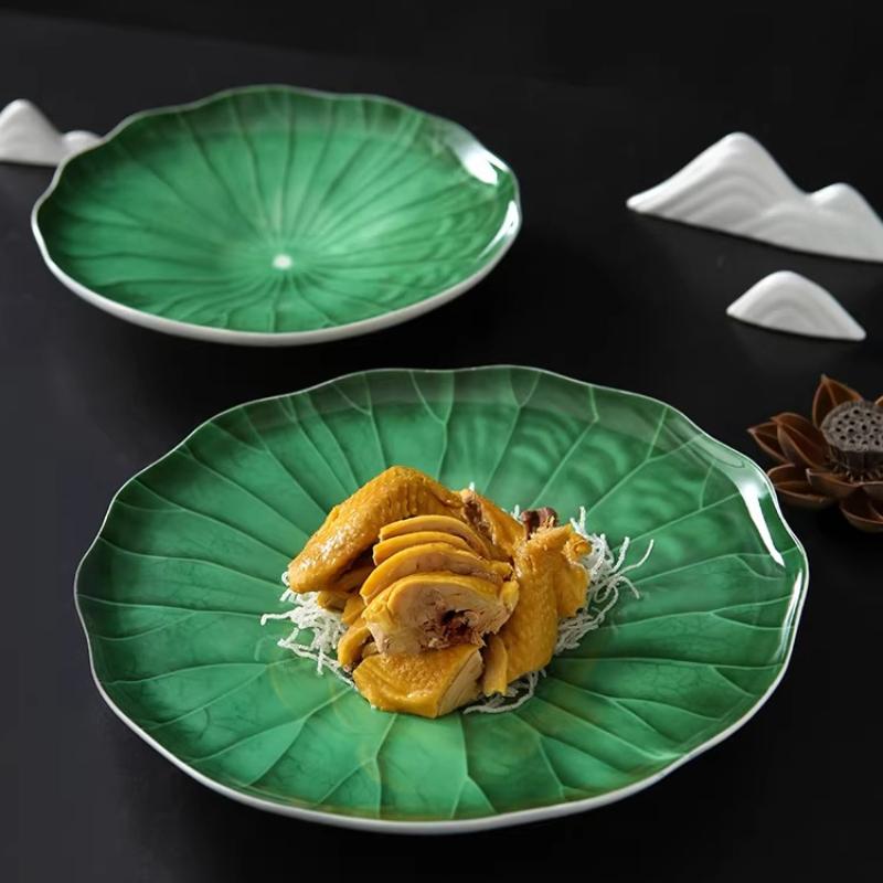 BEPAN 1PC Unique Green Lotus Leaf Plate Hotel Tableware Exquisite Ceramic Plates Creative Chinese Food Ceramic Dinnerware