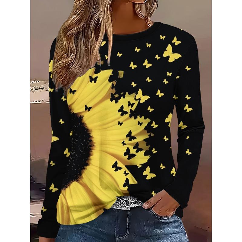3D Flower Butterfly Pattern Printed Casual Long Sleeved Women's T-shirts - Soft Medium Stretch Polyester Fabric Spring and Autumn Relaxed Fit Clothing
