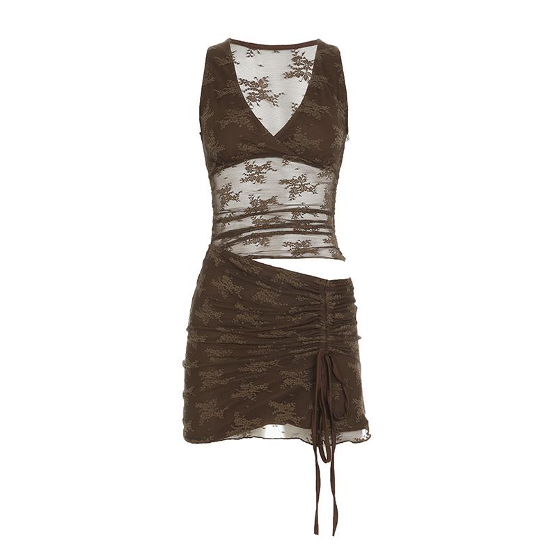 

Женское элегантное кружевное платье с нерегулярным V-образным вырезом, соблазнительное, с завязками на талии и утягивающим эффектом на ягодицах L коричневый
