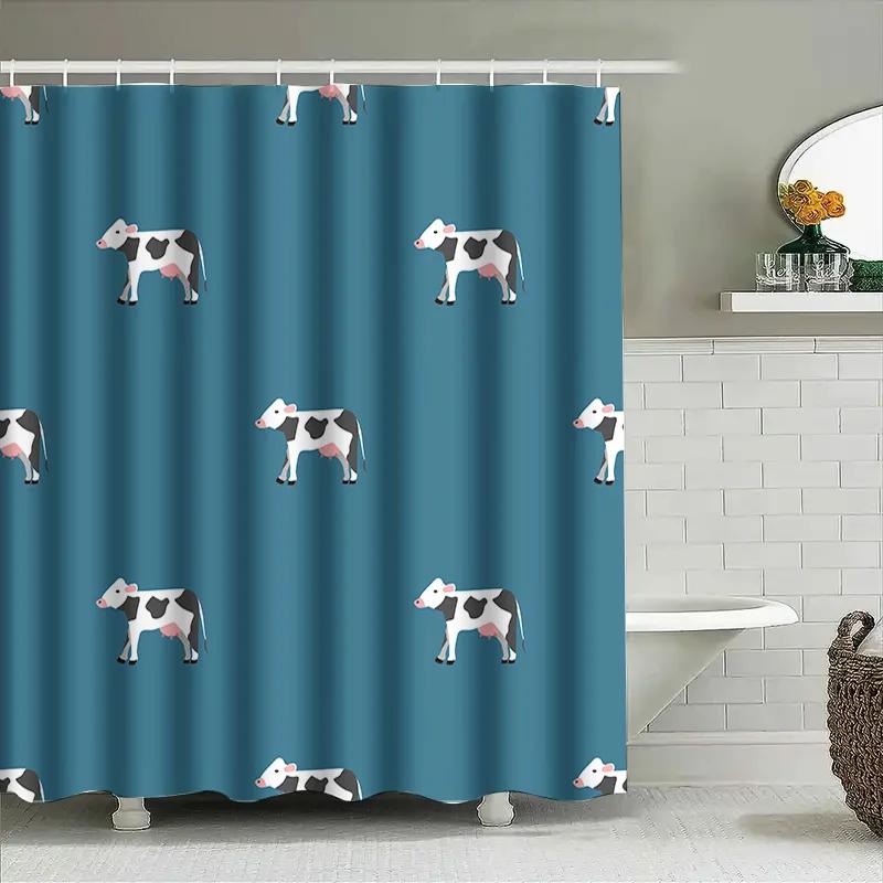 Adorable Farm Animal Print Shower Curtain Black White Cow Patterned Blue Fabric Bath Liner For Home Decor
