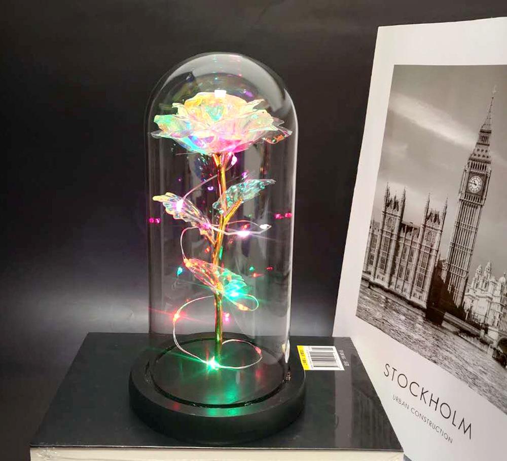 Fabrika Altın Yaprak Gül Çiçek Cam Kapak LED Lamba Simülasyon Çiçek Sevgililer Günü Hediyesi Yaratıcı Hediye Dekorasyon Süsleri