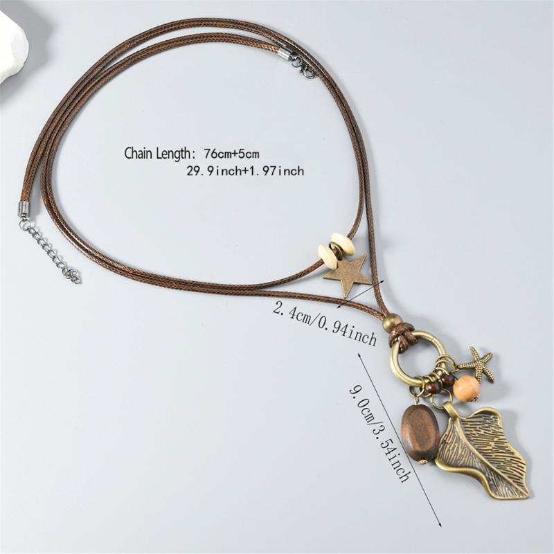 Artisanal Crafted Beaded Leaf Necklace Soft Wax Cord Multi Material Layering Design Versatile Jewelry Gift