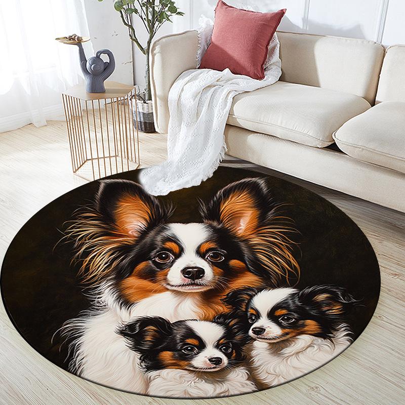 Papillon Dog Round Area Rug,Carpet Rug for Living Room Bedroom Sofa Playroom Decor,Non-slip Floor Mat