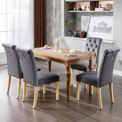 Velvet Dining Chairs Set of 4 with Oak Legs, Button, Chrome Knocker Bedroom Chair Kitchen Chair Living Room Lounge Leisure Chair, Grey