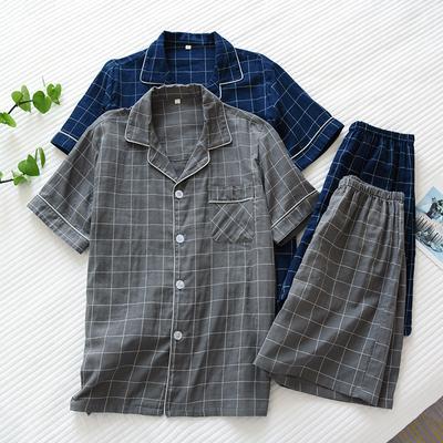Summer New Men's Pajamas Two-piece Set 100% Cotton Gauze Short-sleeved Shorts Simple Plaid Loose Casual Home Wear Set