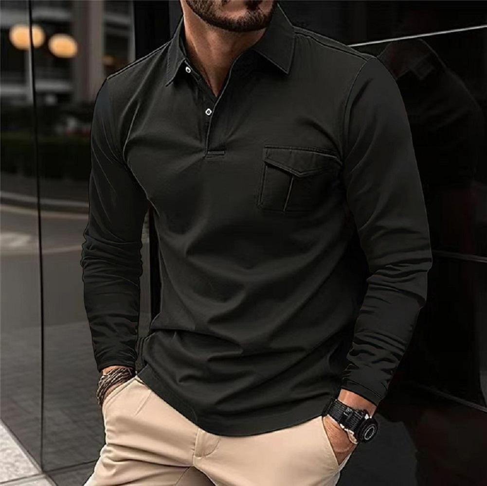 

Autumn And Winter New Sports Polo Shirt Men s Long-sleeved Casual Lapel Polo Shirt Solid Color Pocket T-shirt S чорний