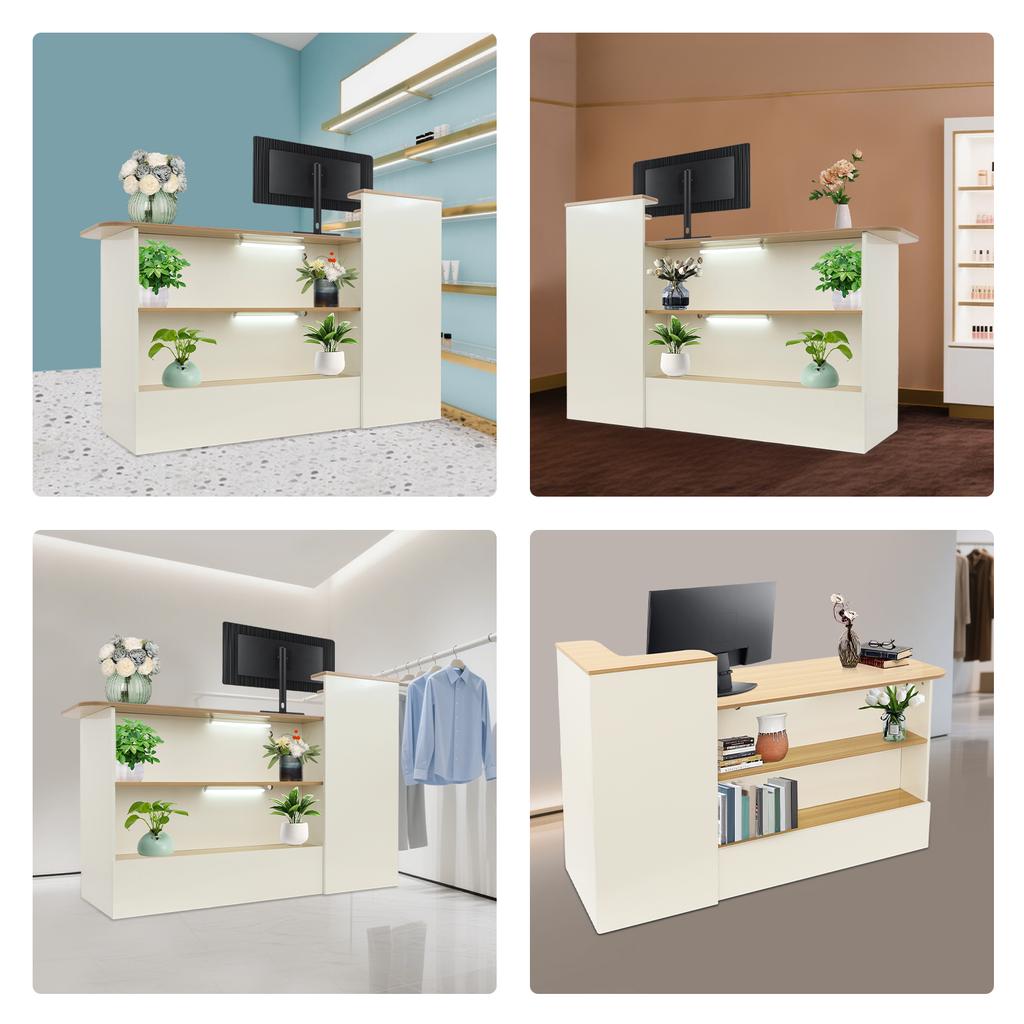 150*50*100cm Rectangle Solid Wood Reception Desk,Warm White+Log Color Reception Desk with a Lockable Drawer for Offices,Shops