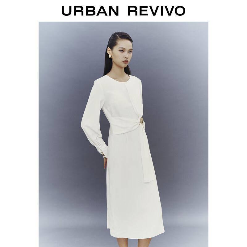 UR 2024 Spring Elegant Metal Buckle Waist Midi Dress