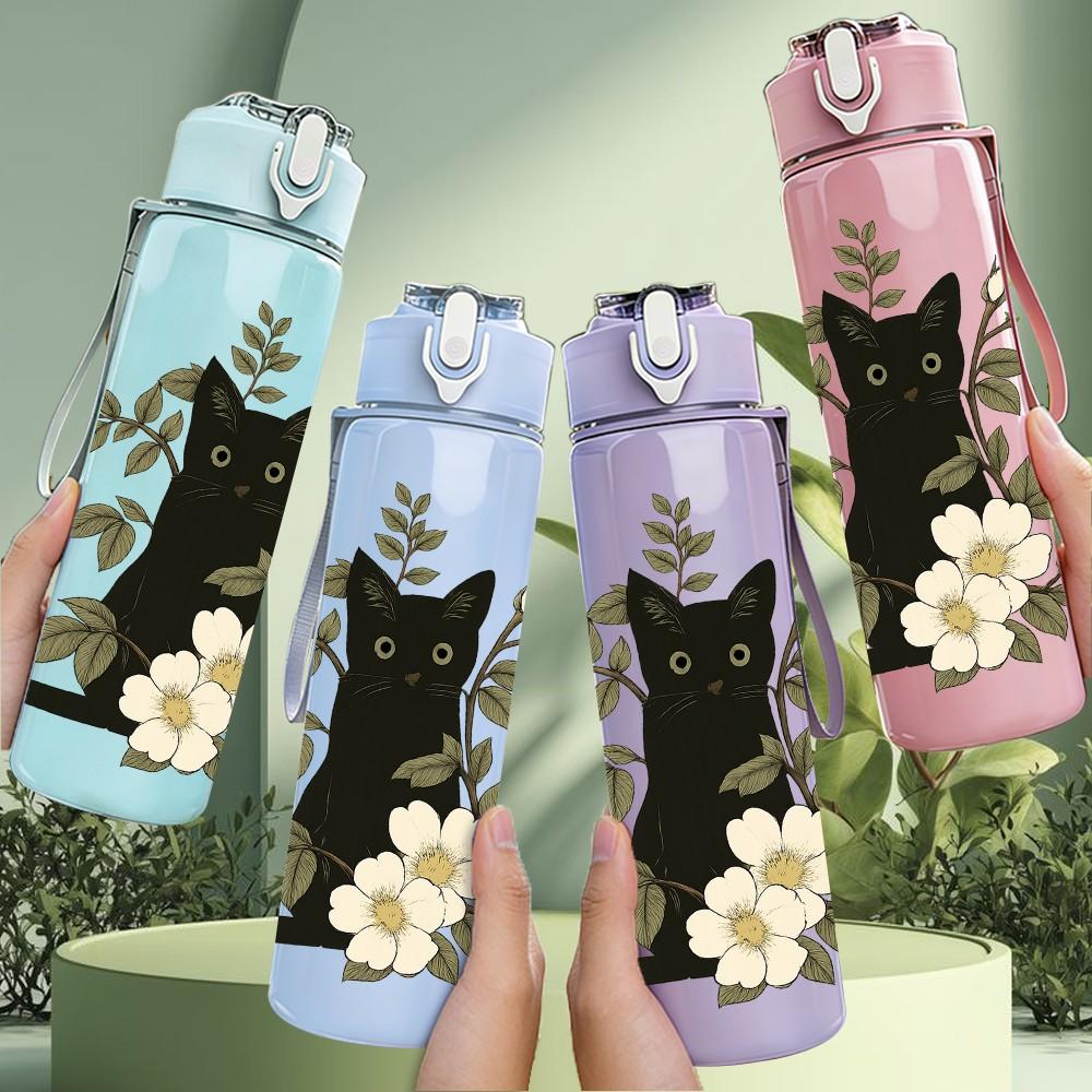 1PC Floral Black Cat Art 750ml Color Plastic Sports Water Bottle Leakproof Flip Straw Lid Suitable for Sports Office Home Use