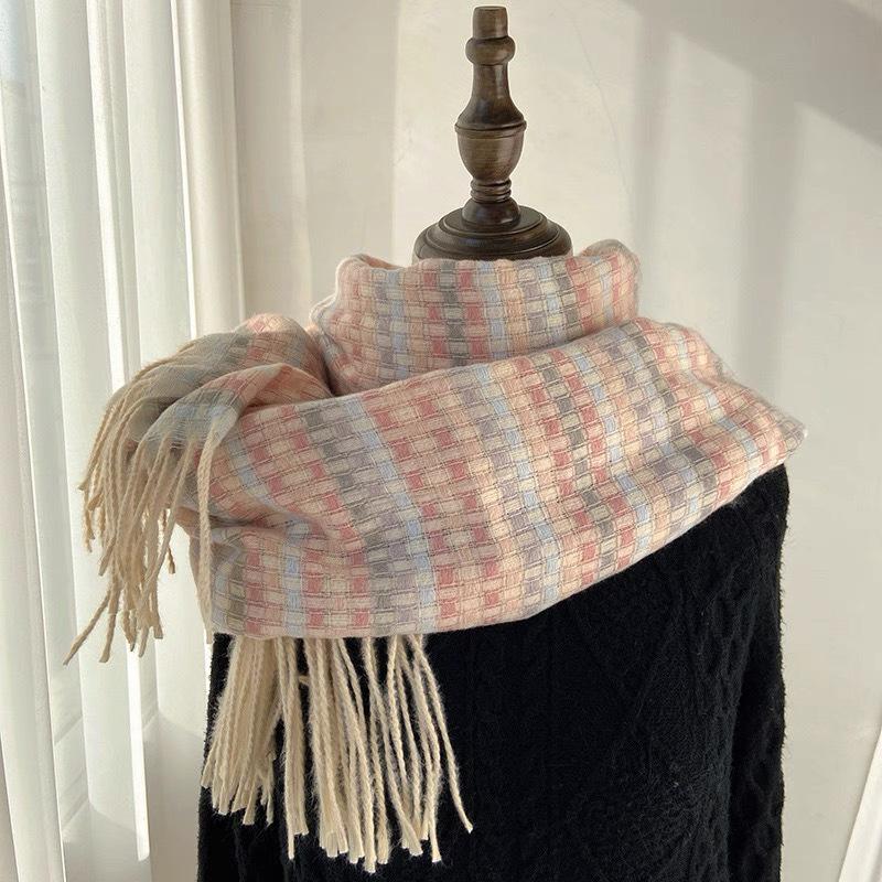 Korean Style Imitation Cashmere Plaid Scarf - Women's Warm, Thick, and Versatile Neck Warmer for Fall and Winter.