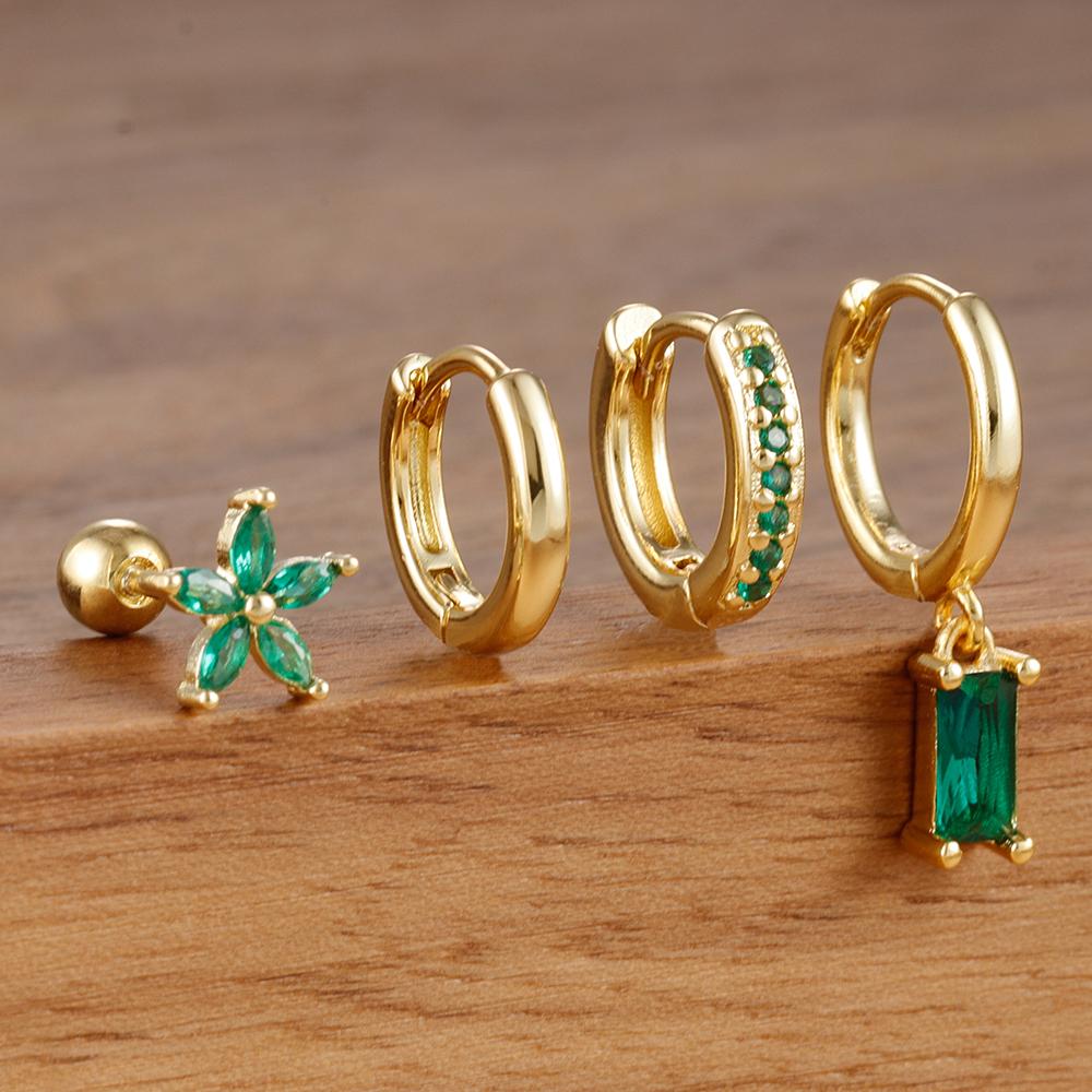 4PCS Exquisite Stainless Steel Flower Square Earrings Set for Women Gold Plated Huggie Dangle Earring Piercing Jewelry aretes