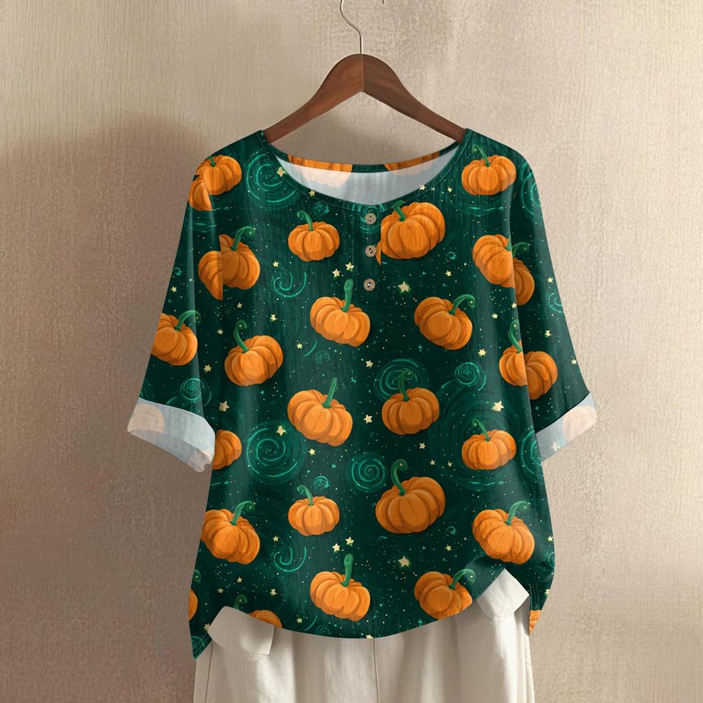 Damska codzienna bluzka z bawełny i lnu z nadrukiem Halloween z okrągłym dekoltem i rękawem 3/4