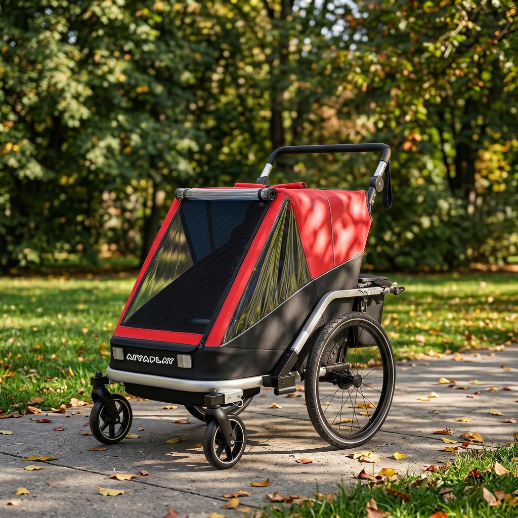 Bike Trailer for Kids, 2-Seater, 2-in-1 Foldable Kids' Bike Trailer with Adjustable Seat and Harness, Red