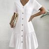 Women's V Neck Button Front Ruffle Hem Midi Dress Short Sleeve Casual Dress
