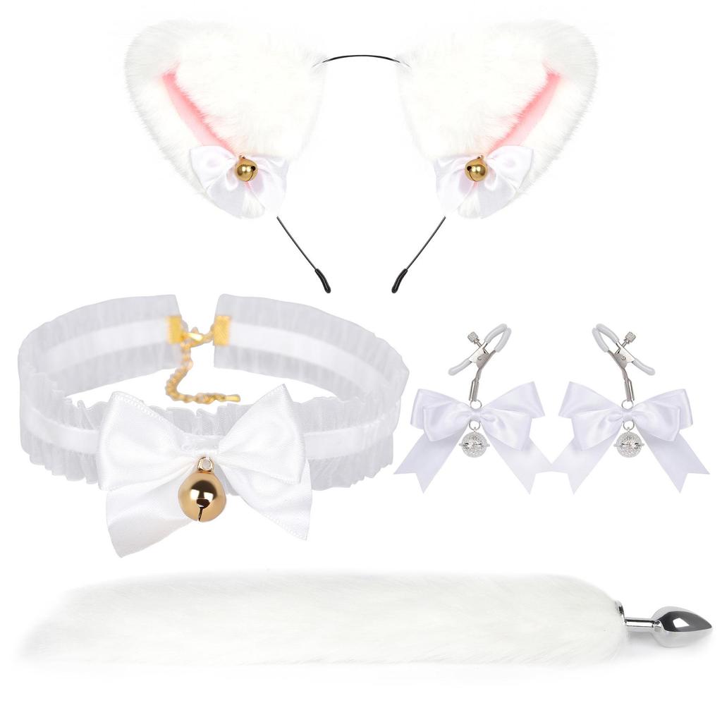 SM Fox Tail Three-Piece Set: Anal Plug, Collar & Nipple Clamps - Adult Toys for Women