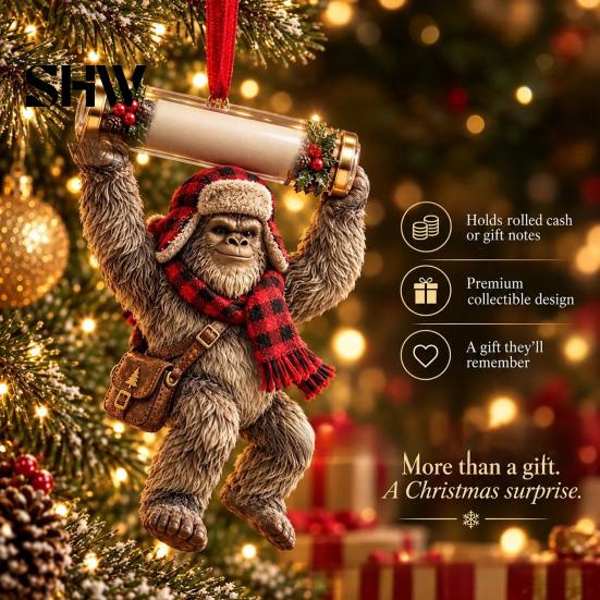 Festive Cash Holder for Holidays Big Foot Money Cash, 2D Acrylic Sasquatch Gift Fun Christmas Family Ornament, Clear Xmas Tree Hanging Decoration